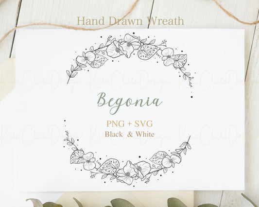 Begonia Flower Half Wreath Clipart / Black & White Color