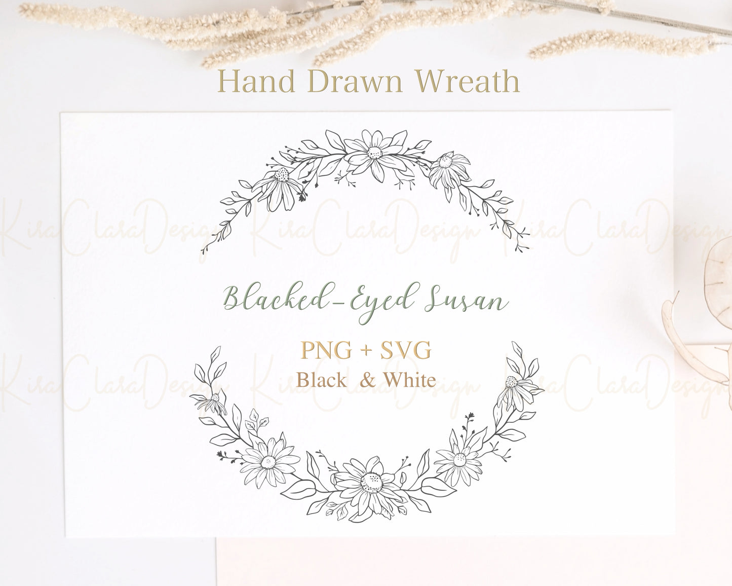 Black-Eyed Susan Flower Half Wreath Clipart Download / Black & White Color