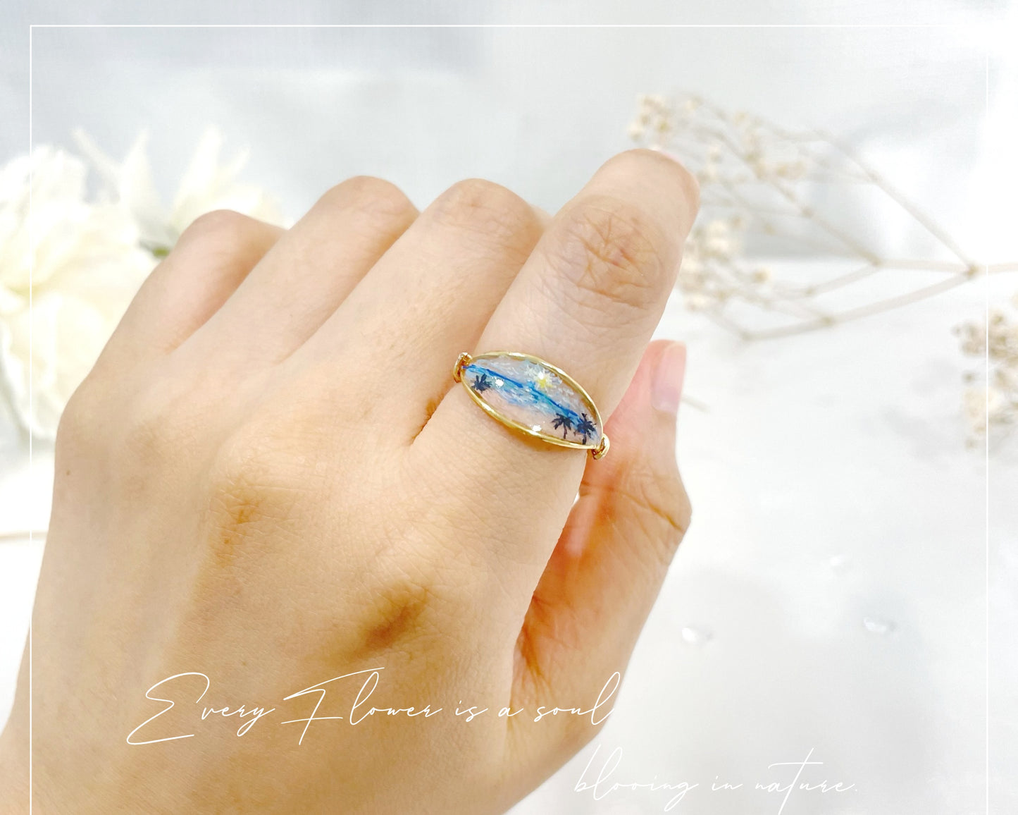 Blue Ocean Pink Sand beach View Ring / Gold & Silver