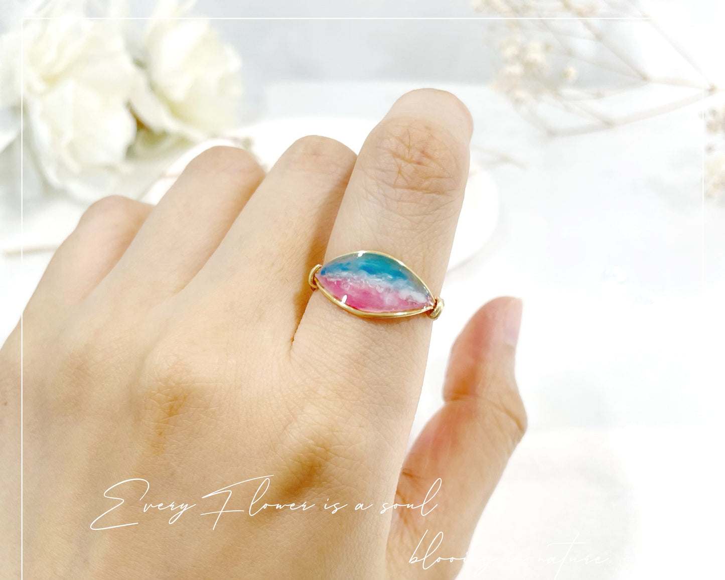 Aerial View of Turquoise Ocean Pink Beach Ring / Gold & Silver