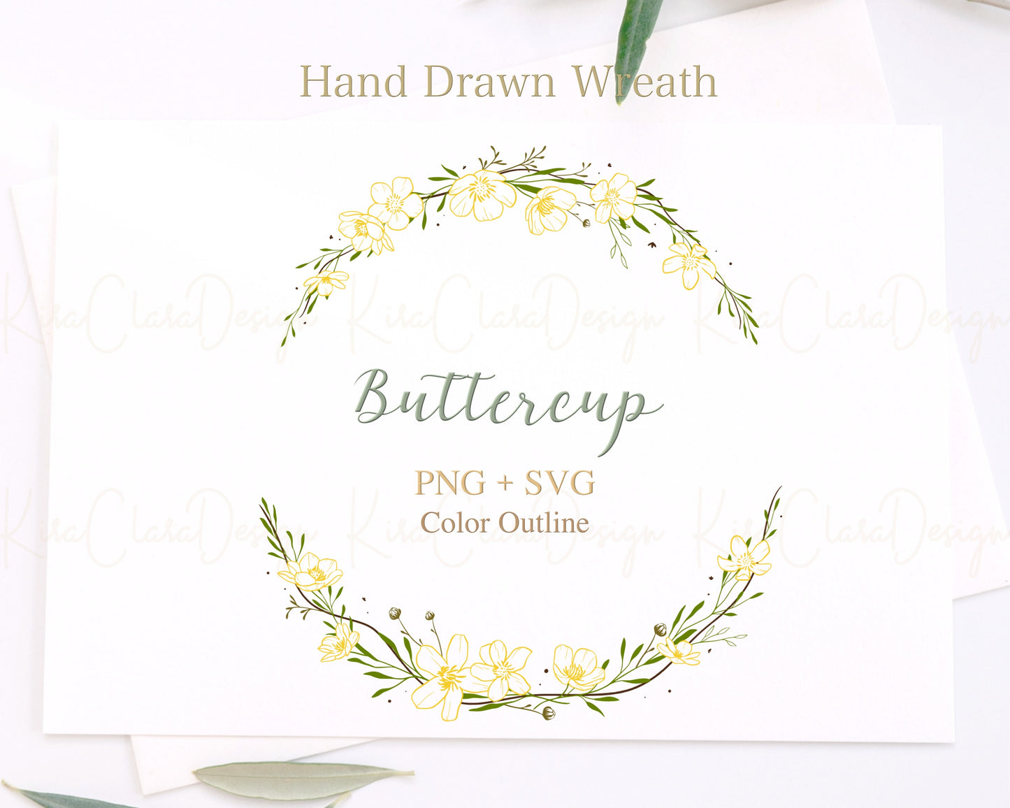 Buttercup Flower Half Wreath Clipart/ Color Outline