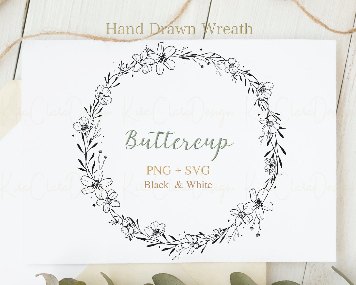 Buttercup Flower Full Wreath Clipart/ Black & White