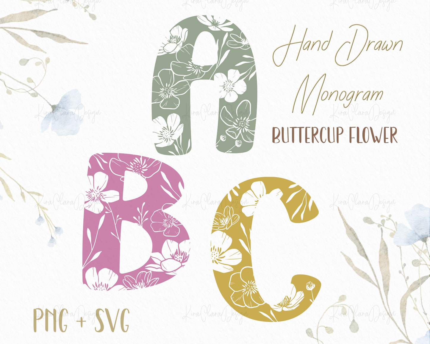 Buttercup Flower Botanical Monogram Alphabet Clipart Bundle