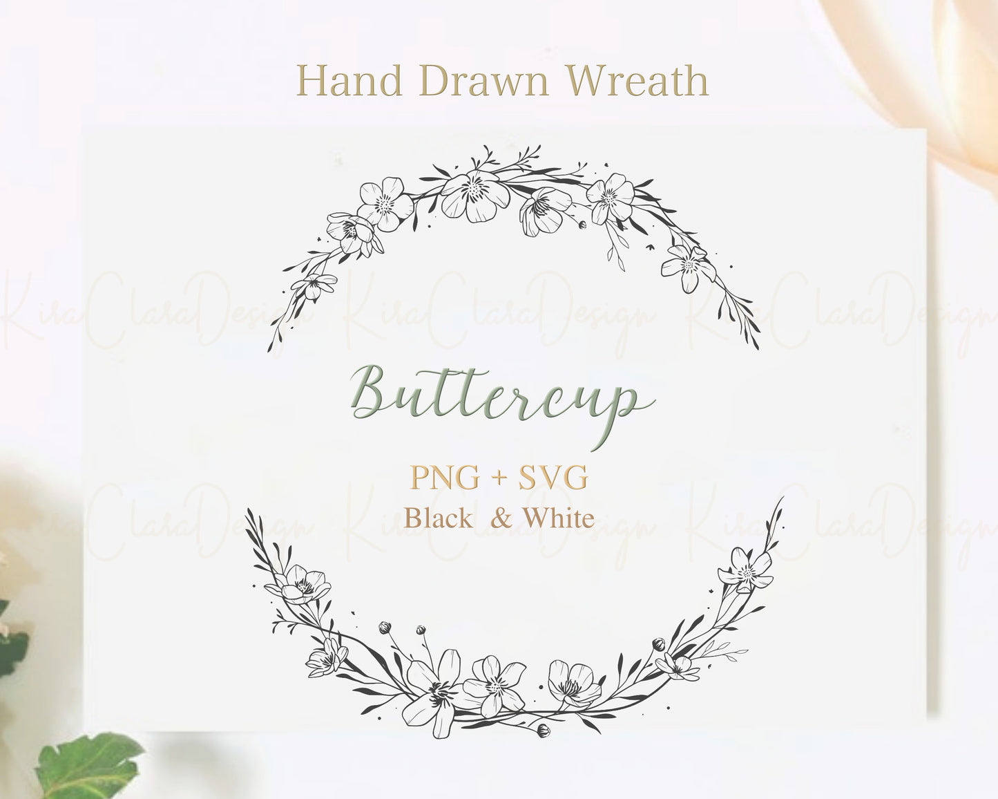 Buttercup Flower Half Wreath Clipart/ Black & White