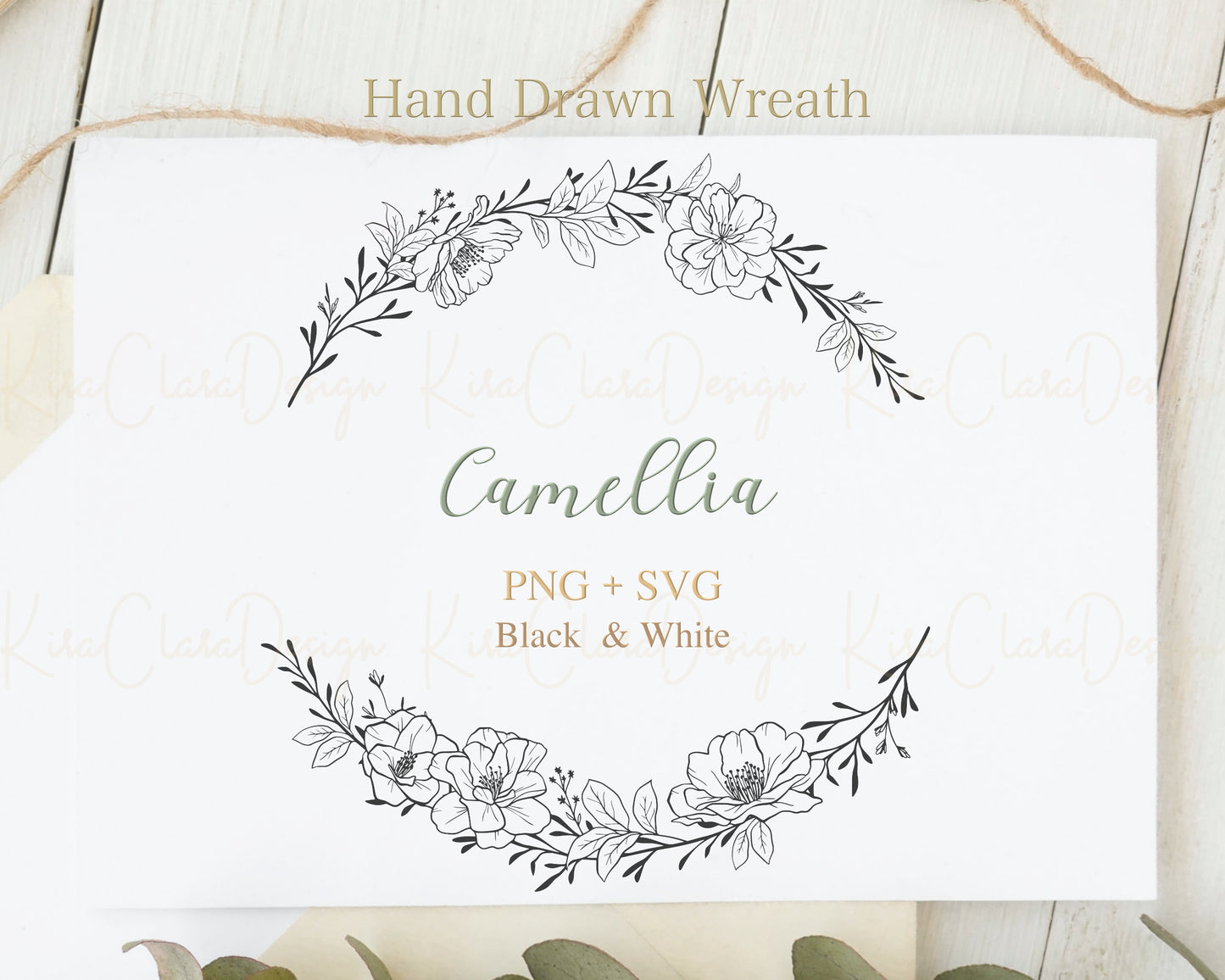 Camellia Flower Half Wreath Clipart / Black & White Color