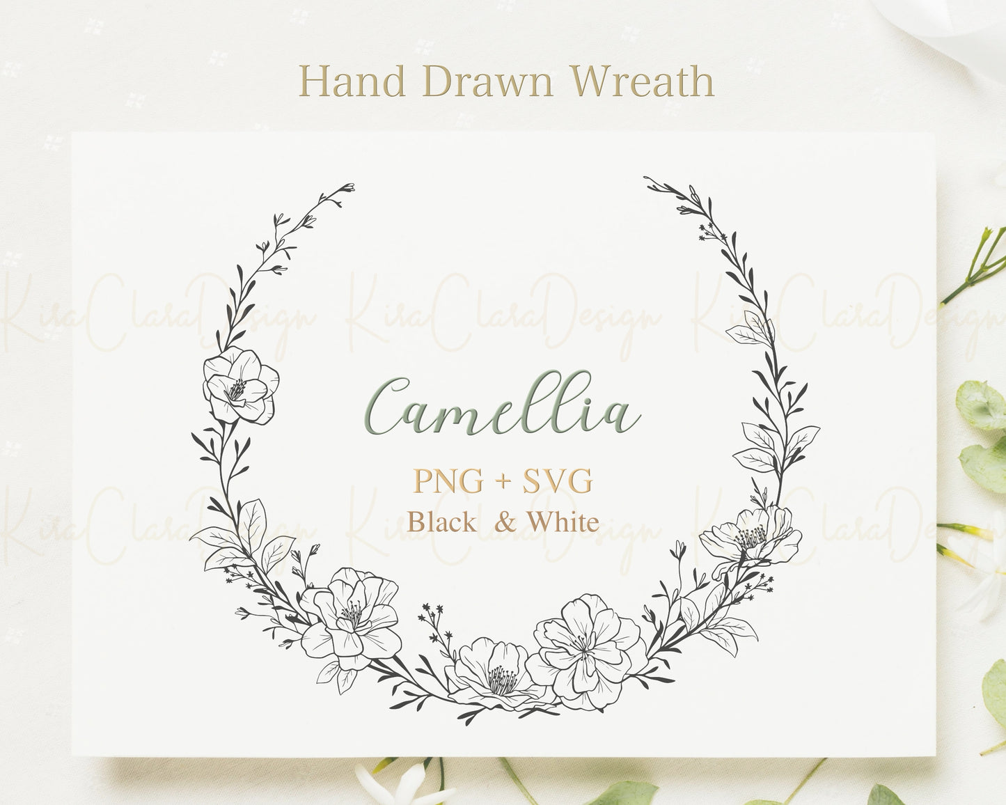 Camellia Flower Half Wreath Clipart / Black & White Color