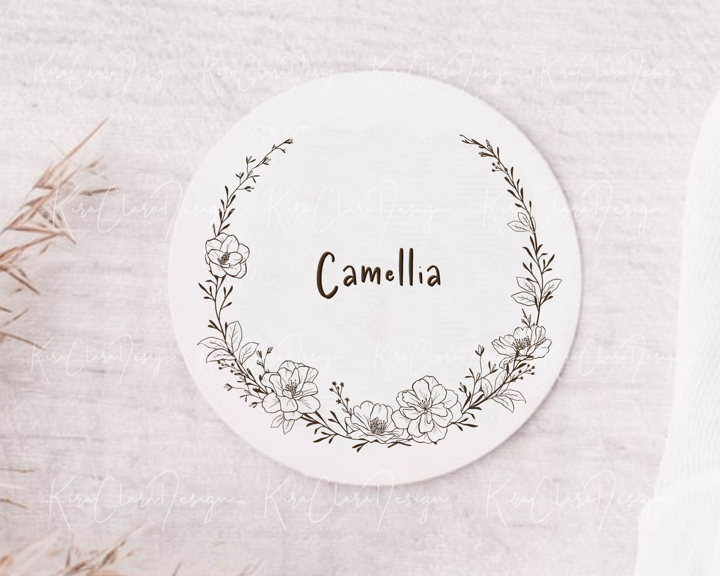 Camellia Flower Half Wreath Clipart / Black & White Color