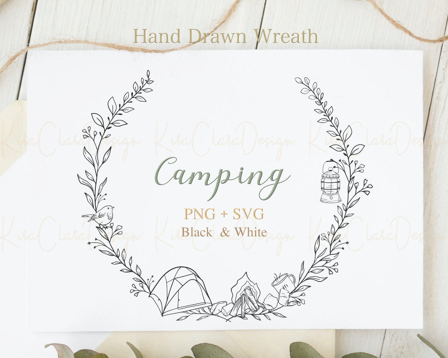 Camping Themed Wreath Clipart / Black & White Color