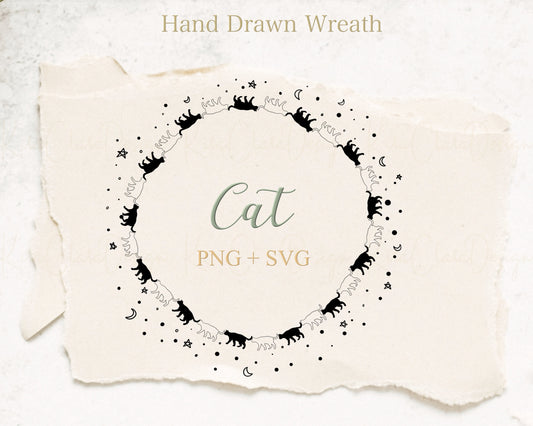 Stars & Moons Cat Circle Wreath Clipart