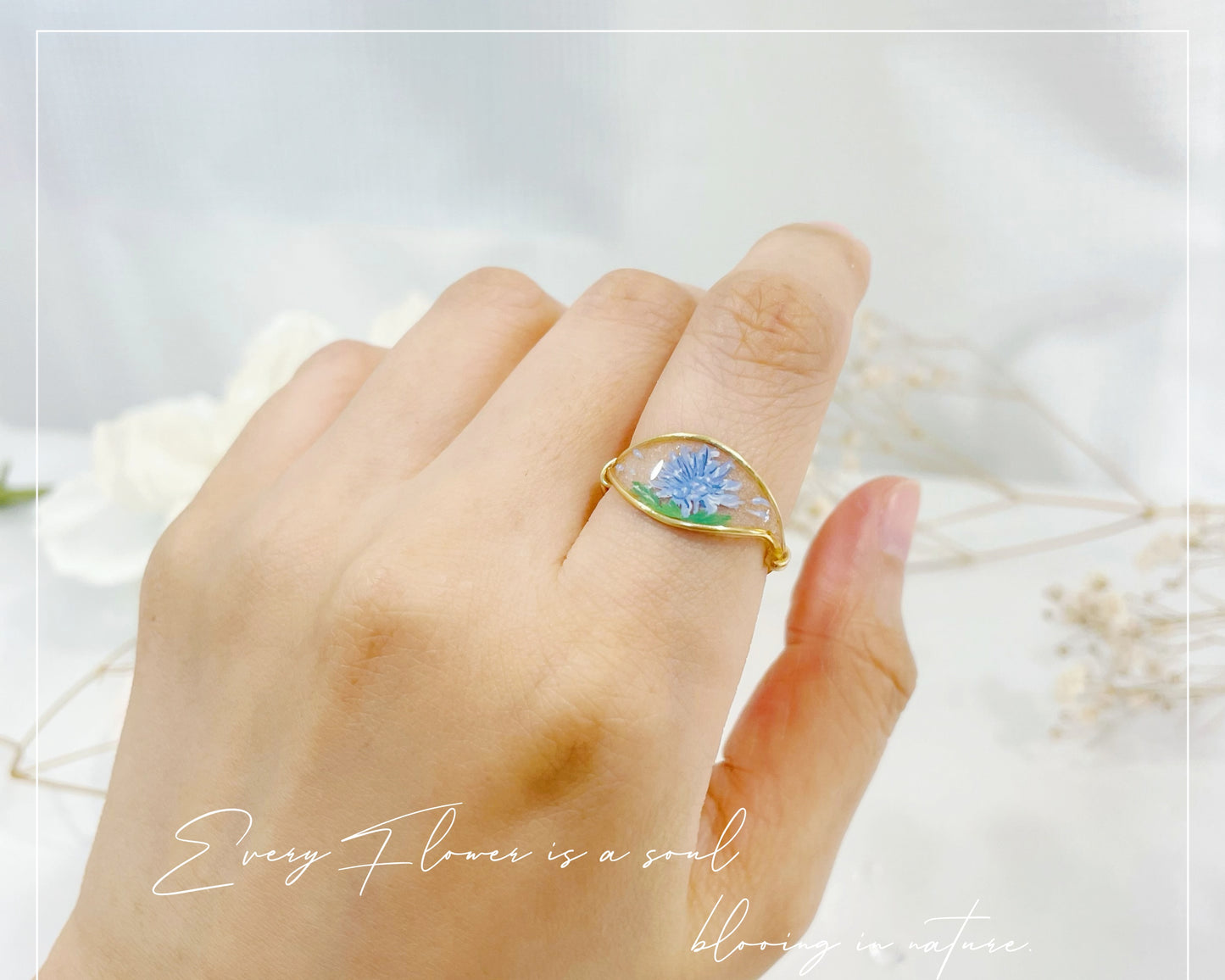 Blue Chrysanthemum Flower Ring / Gold & Silver