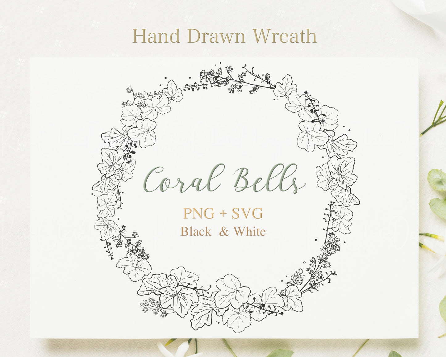 Coral Bells (Heuchera) Plant Wreath Clipart/ Black & White