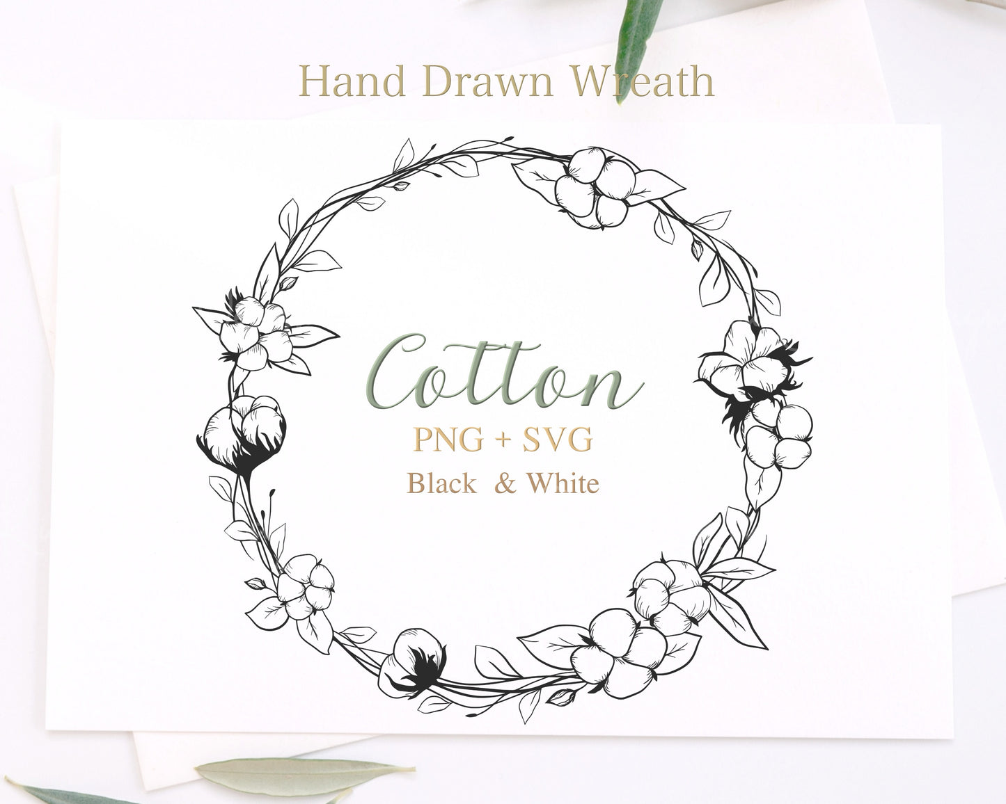 Cotton Boll Wreath Clipart Black & White