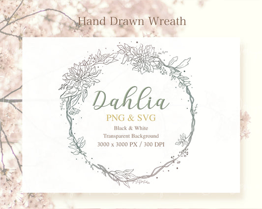 Dahlia Flower Botanical Wreath Clipart