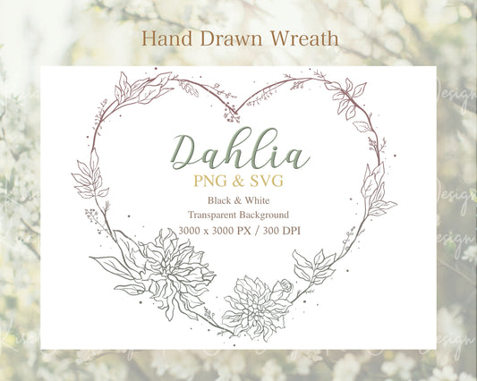 Dahlia Flower Botanical Heart Wreath Clipart