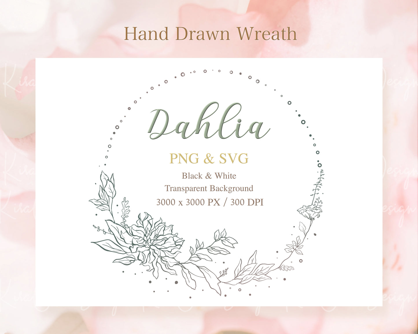 Dahlia Flower Botanical Wreath Clipart