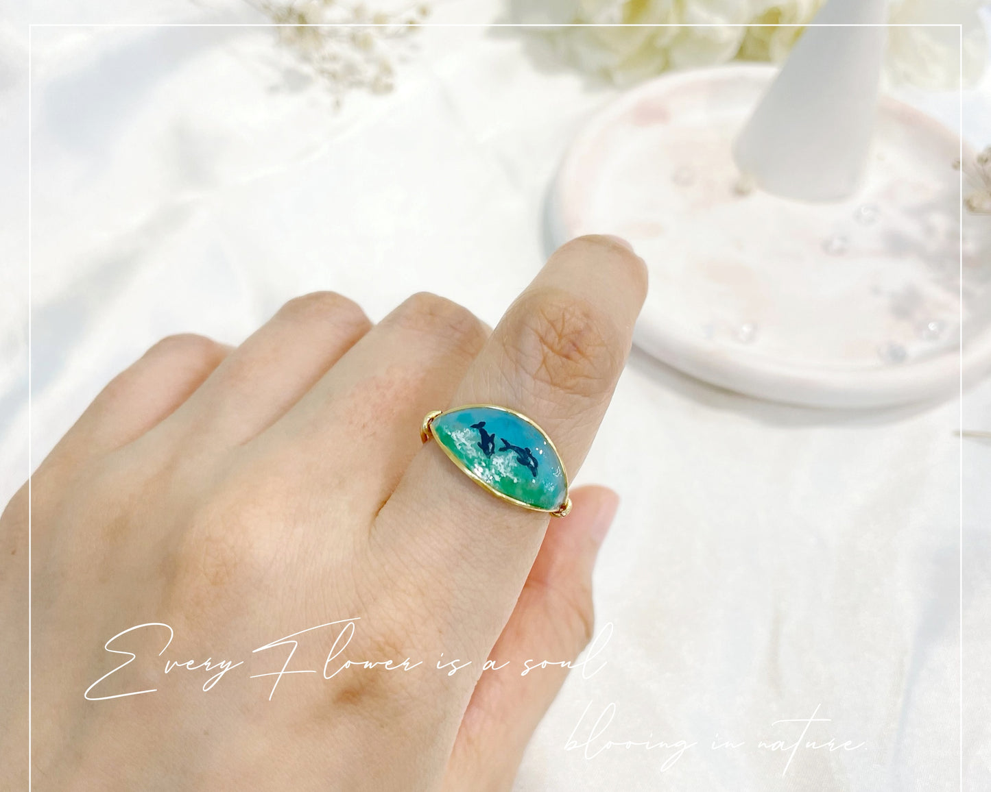 Dolphins & Blue Ocean Ring / Gold & Silver