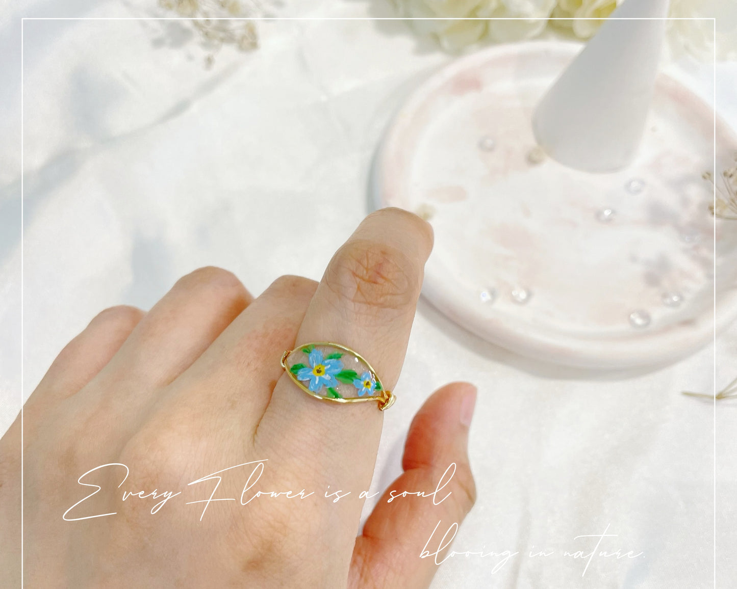 Blue Forget Me Not Flower Ring / Gold & Silver