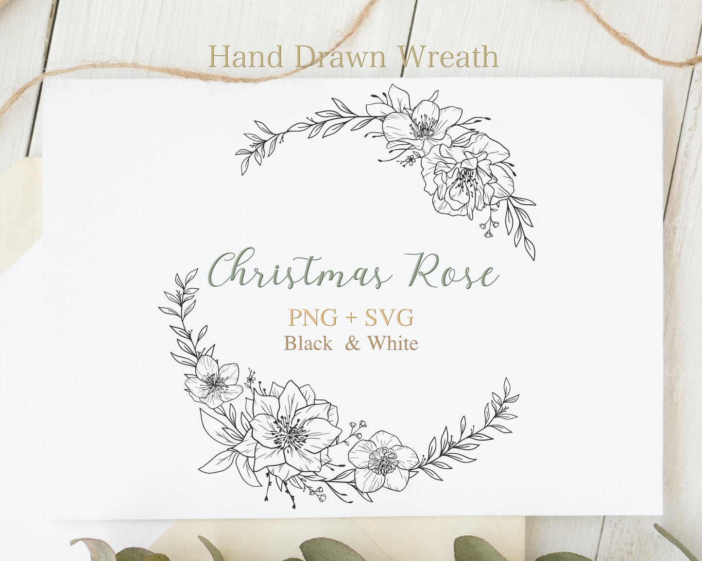 Christmas Rose Flower (Hellebores) Wreath Clipart Black & White