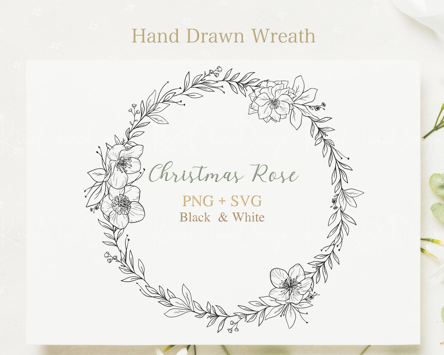 Christmas Rose Flower (Hellebores) Wreath Clipart Black & White