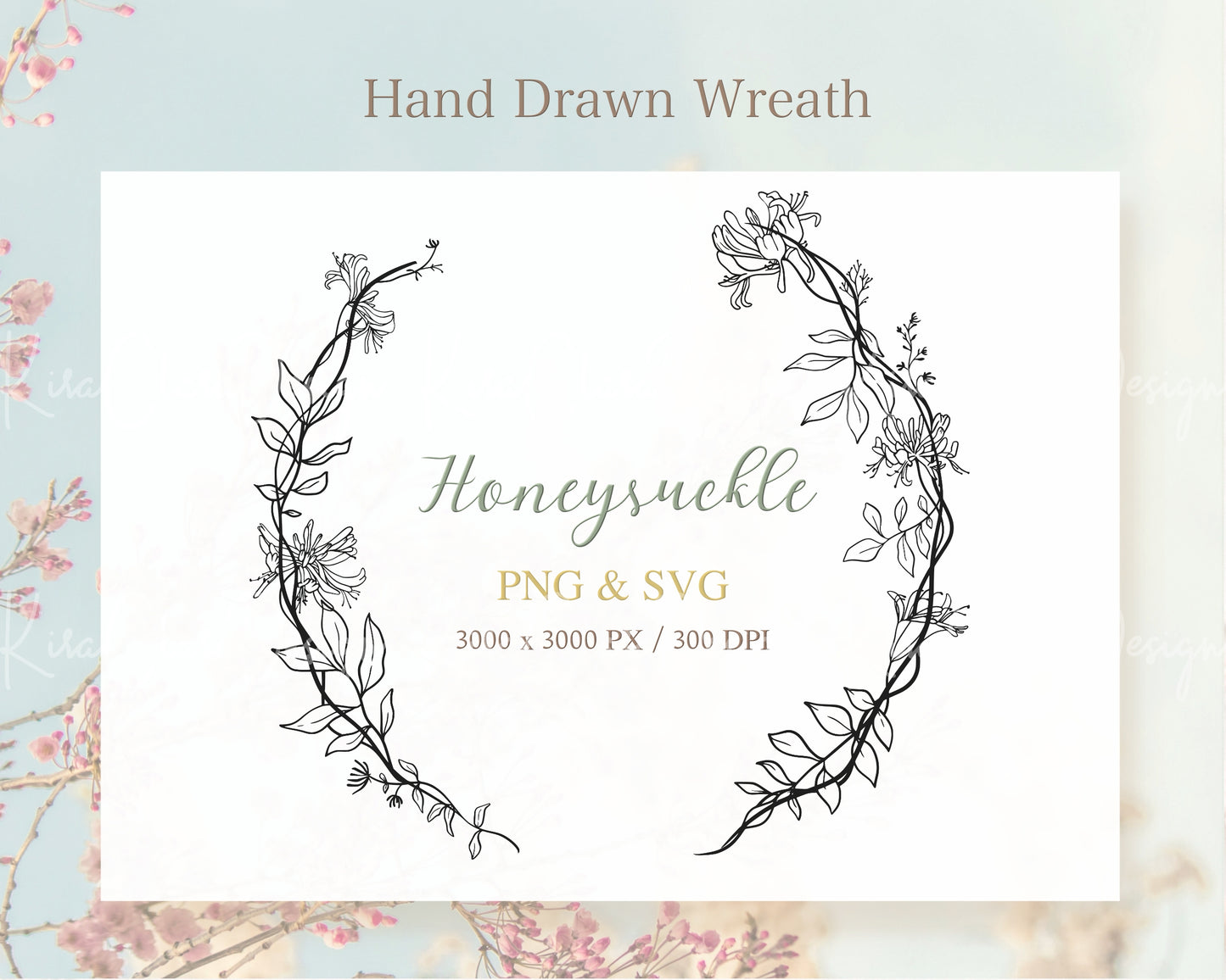 Honeysuckle Flower (Lonicera) Botanical Half Wreath Clipart