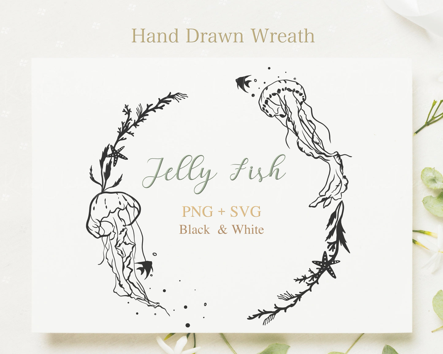 Jelly Fish Sea Creature Wreath Clipart Black and White