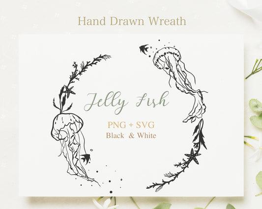 Jelly Fish Sea Creature Wreath Clipart Black and White