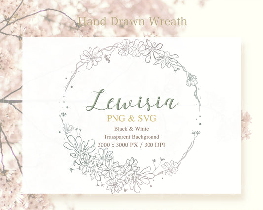 Lewisia Flower (Cliff Maid) Botanical Wreath Clipart