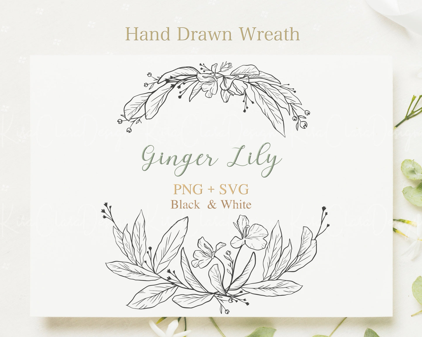 Ginger Lily Flower Wreath Clipart Black & White