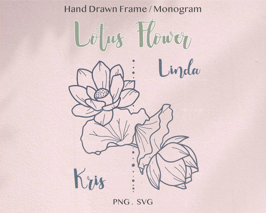 Lotus Flower Botanical Split Frame / Monogram Clipart