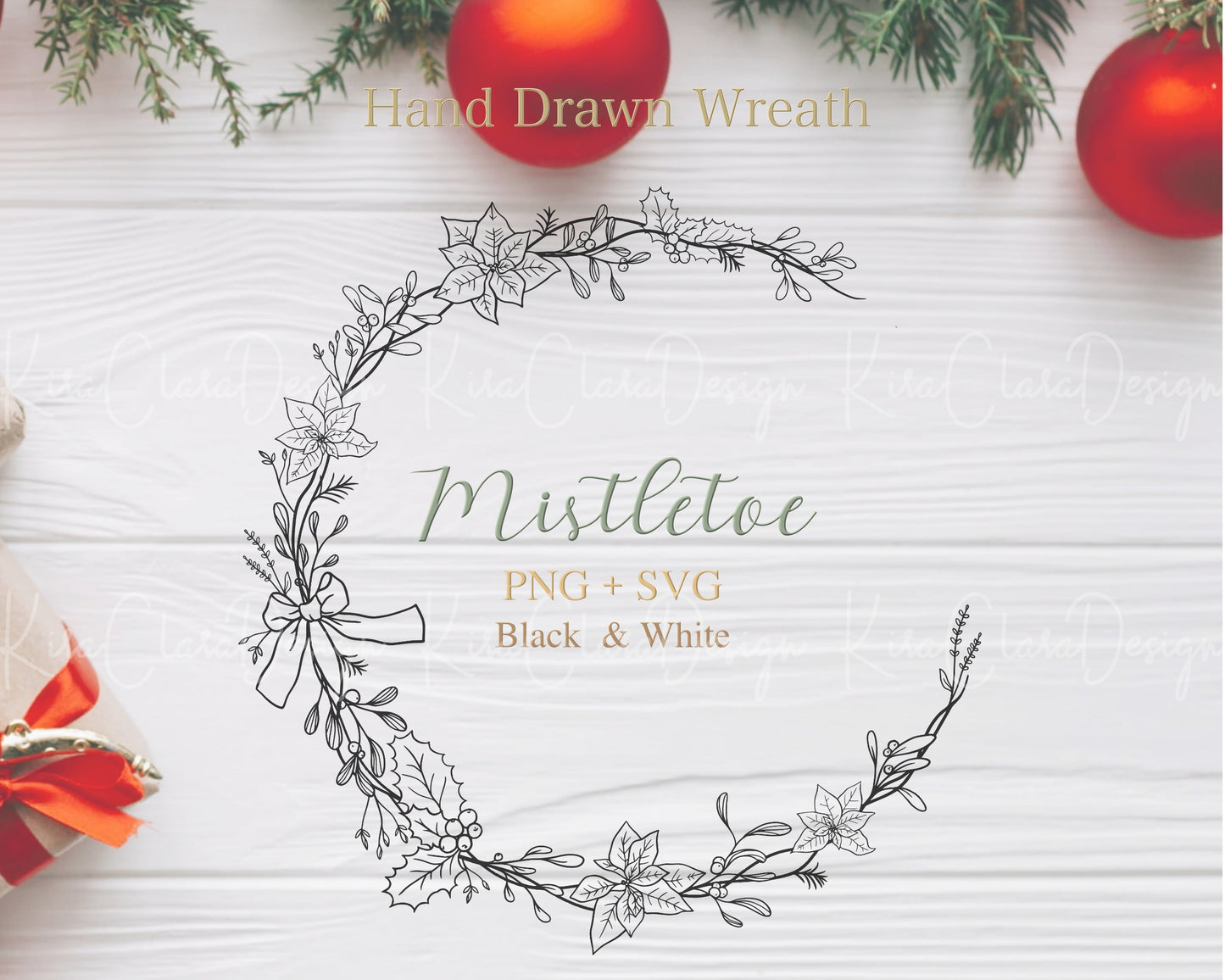 Christmas Mistletoe Wreath Clipart / Black & White Color