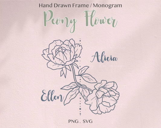 Peony Flower Botanical Split Frame / Monogram Clipart