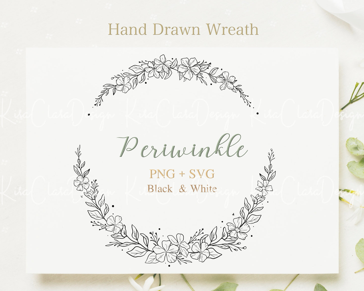 Periwinkle Flower Half Wreath Clipart Download / Black & White Color