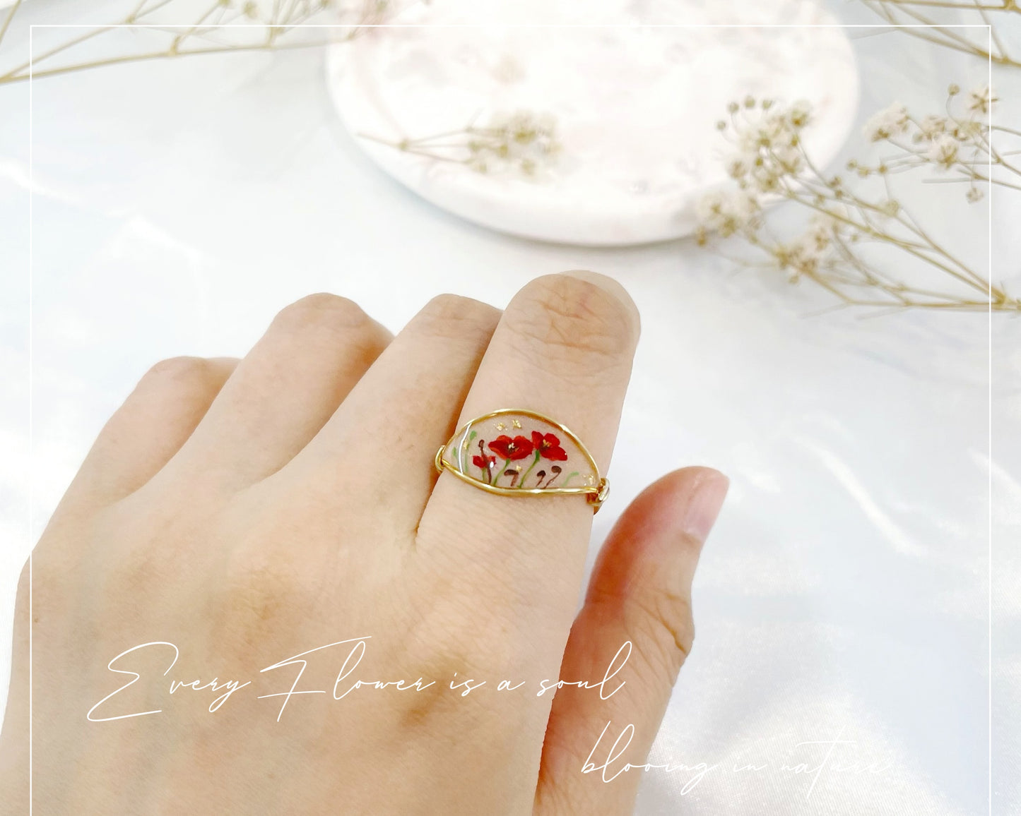 Red Poppy Flower Ring / Gold & Silver