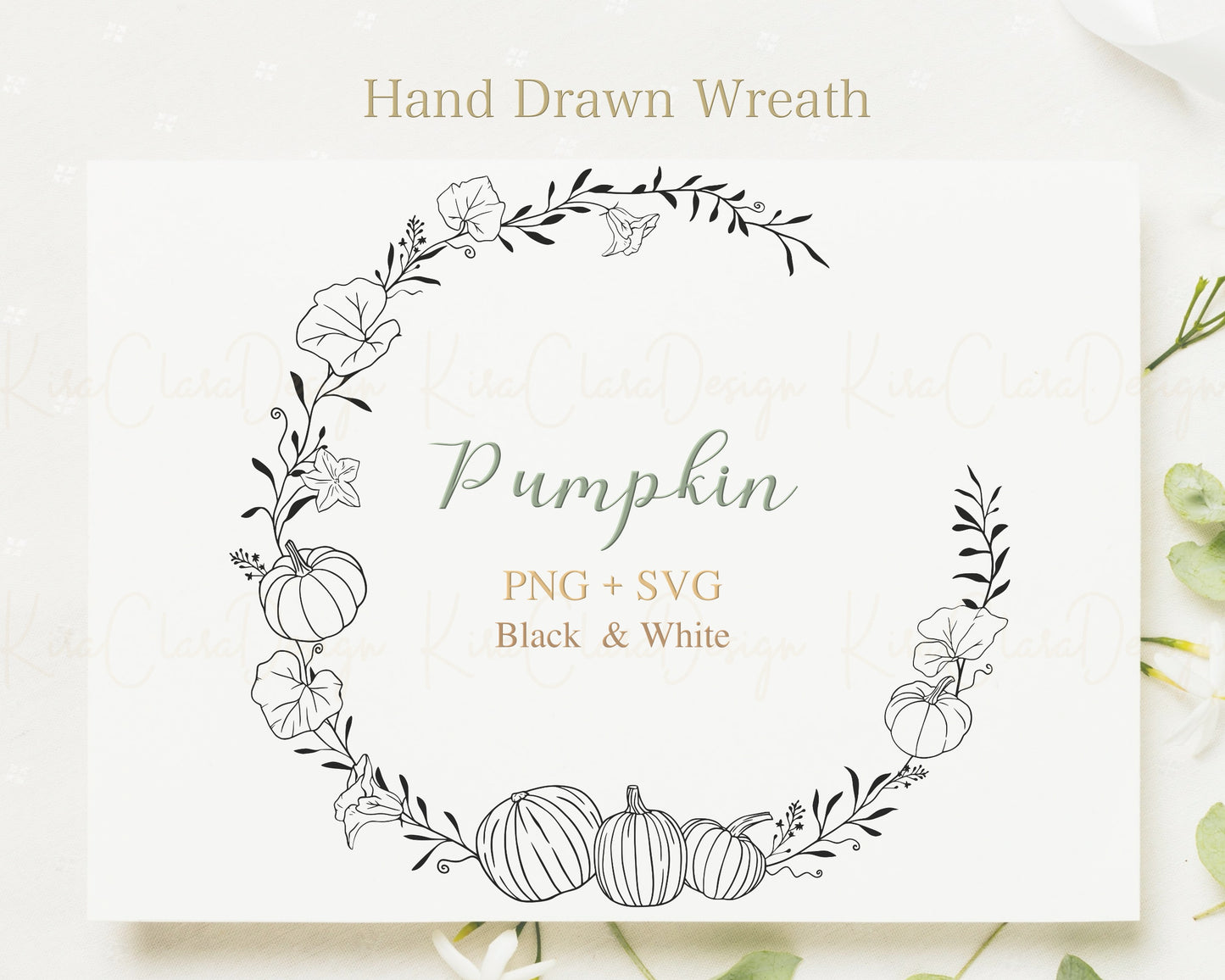 Fall Pumpkin Half Wreath Clipart / Black & White