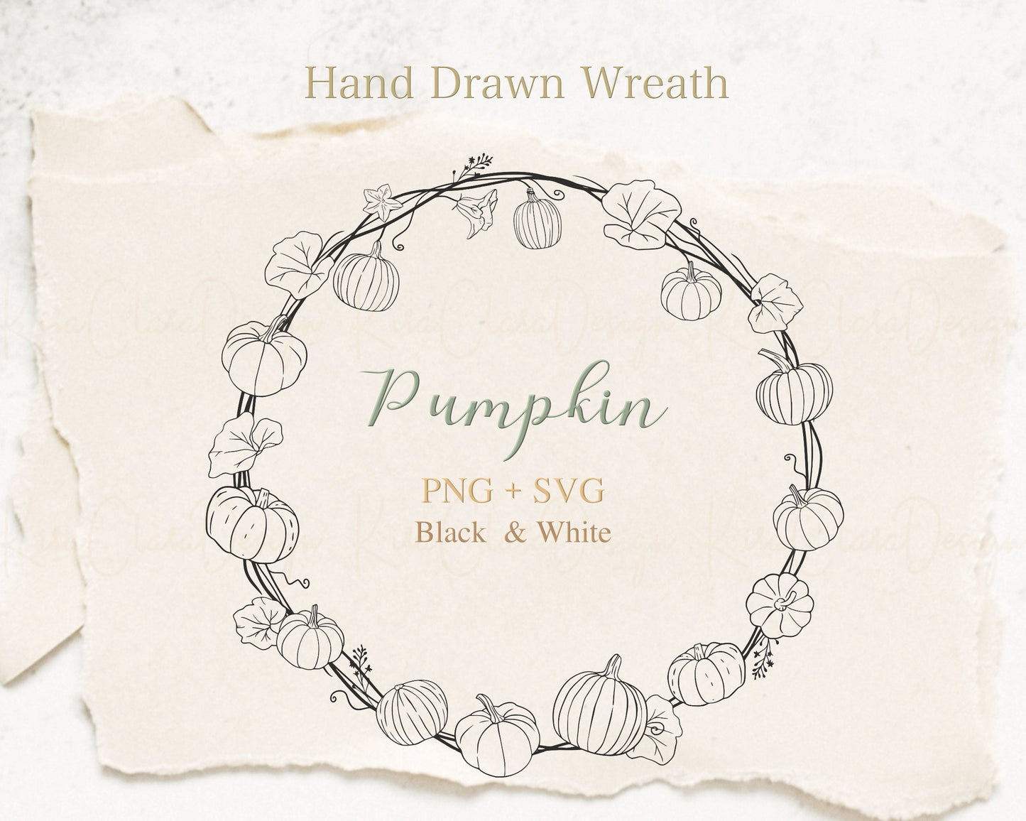 Fall Pumpkin Full Wreath Clipart / Black & White