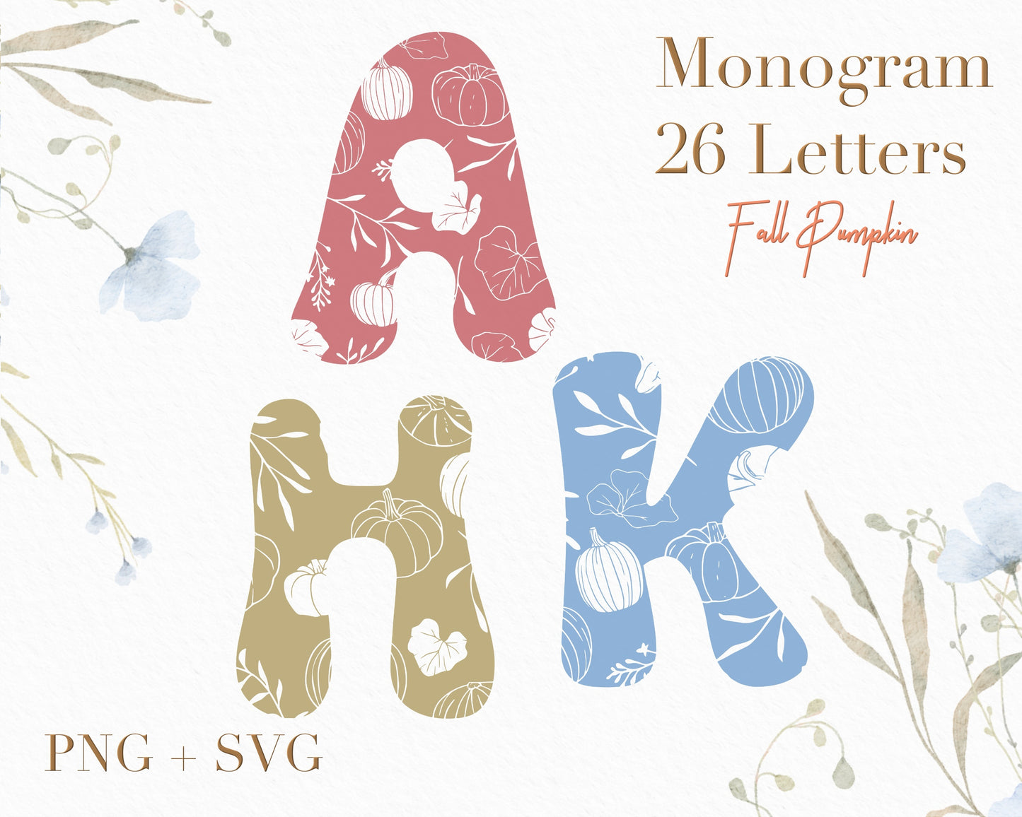 Fall Pumpkin Botanical Monogram Clipart Bundle /26 Alphabets