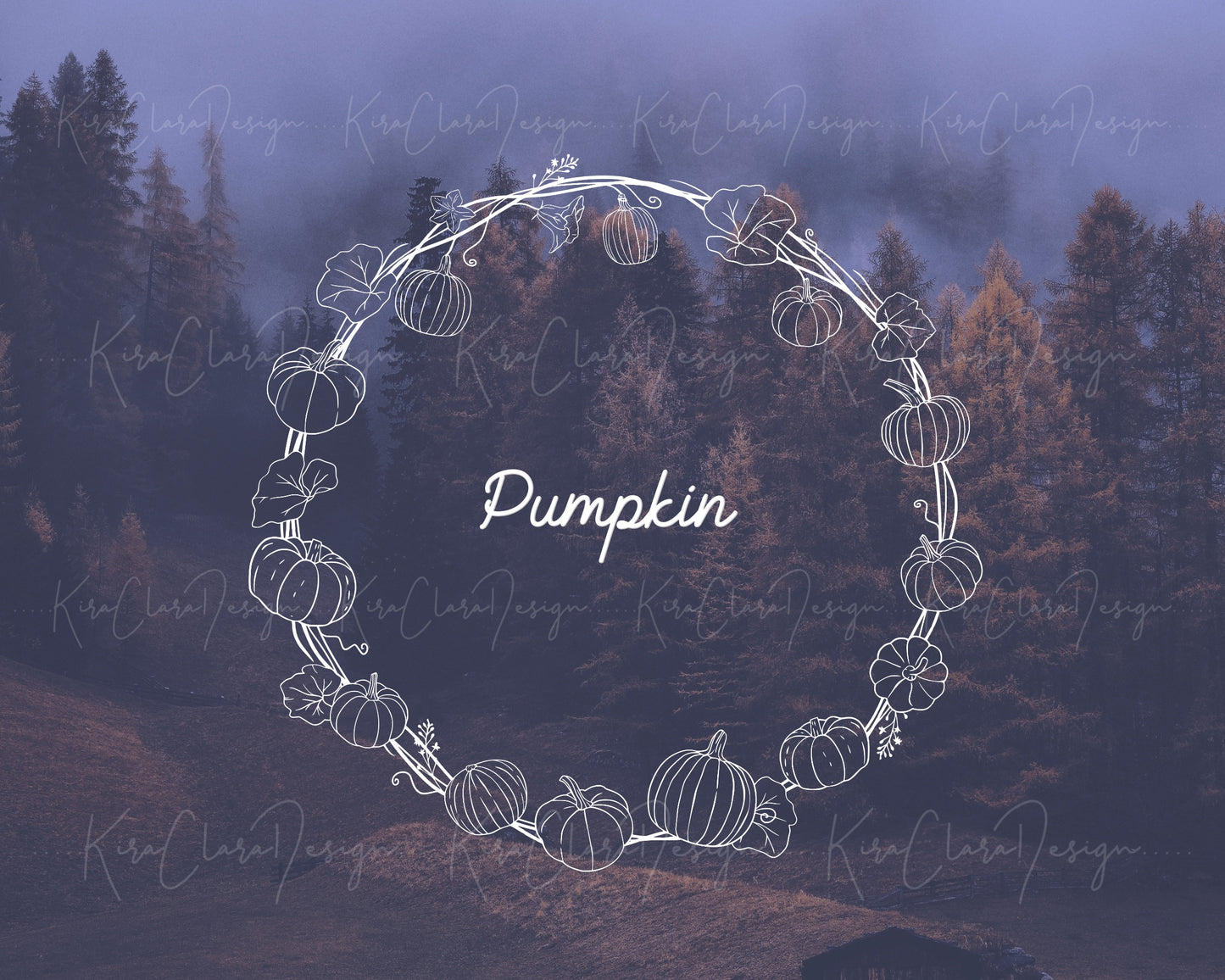 Fall Pumpkin Full Wreath Clipart / Black & White