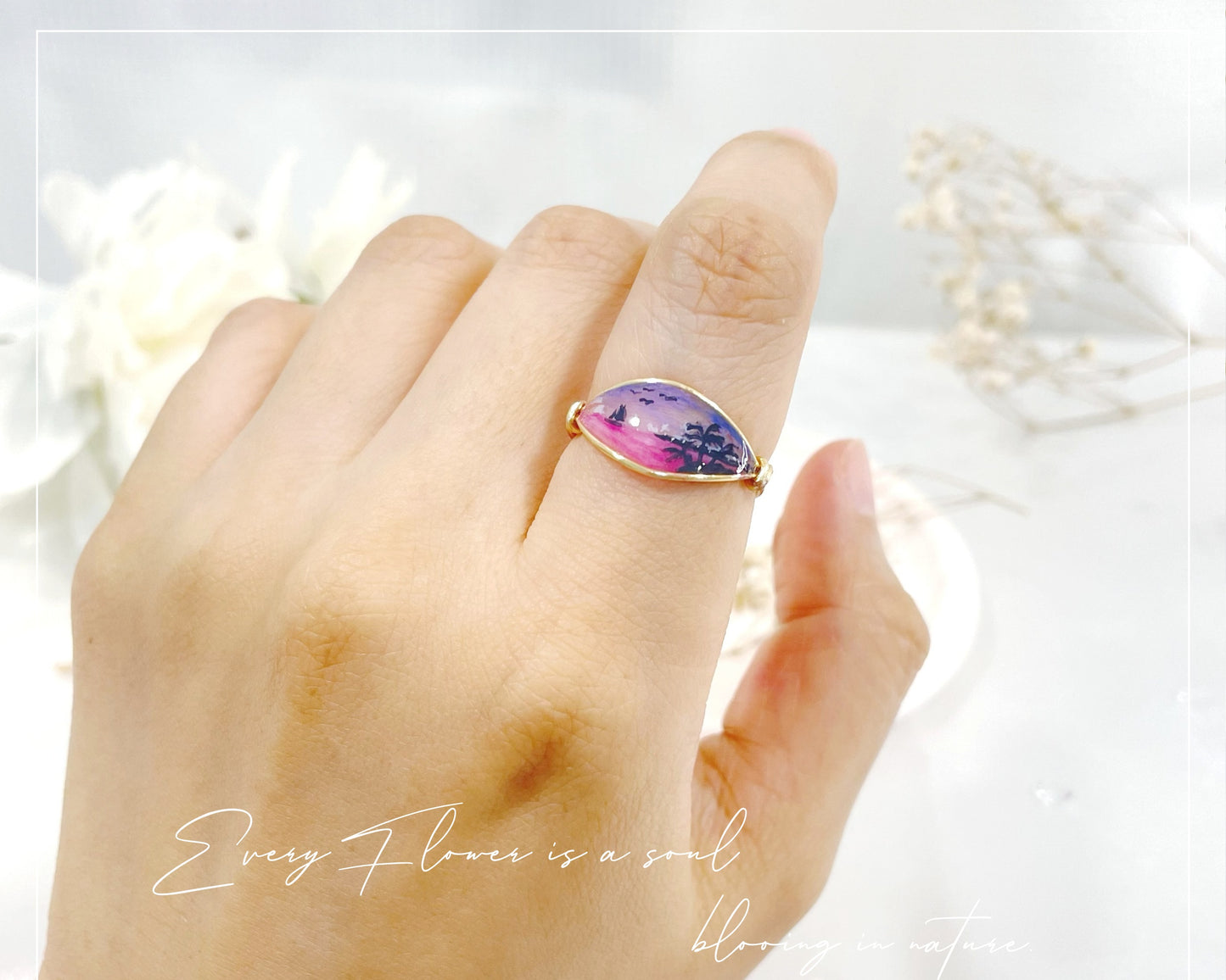 Purple Sunset & Beach View Ring / Gold & Silver