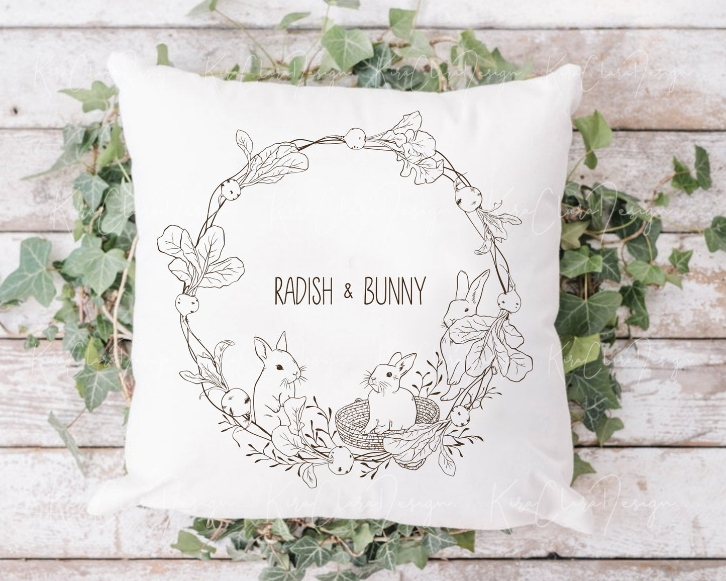 Radish & Bunny Wreath Clipart/ Black & White