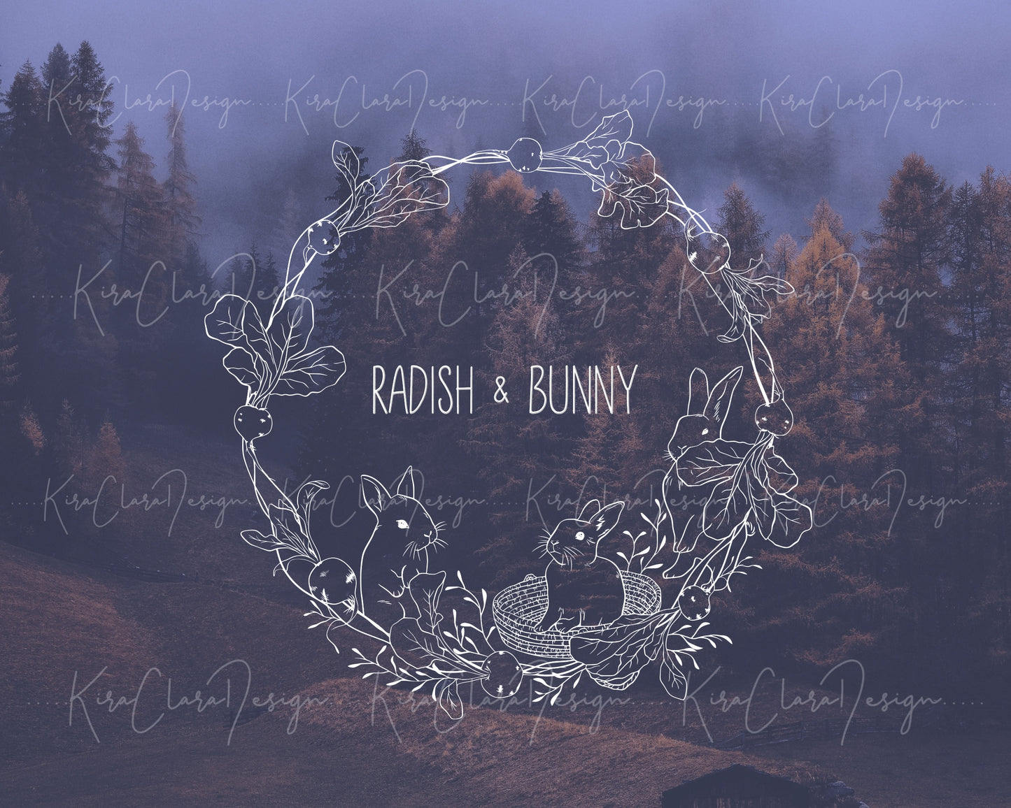 Radish & Bunny Wreath Clipart/ Black & White