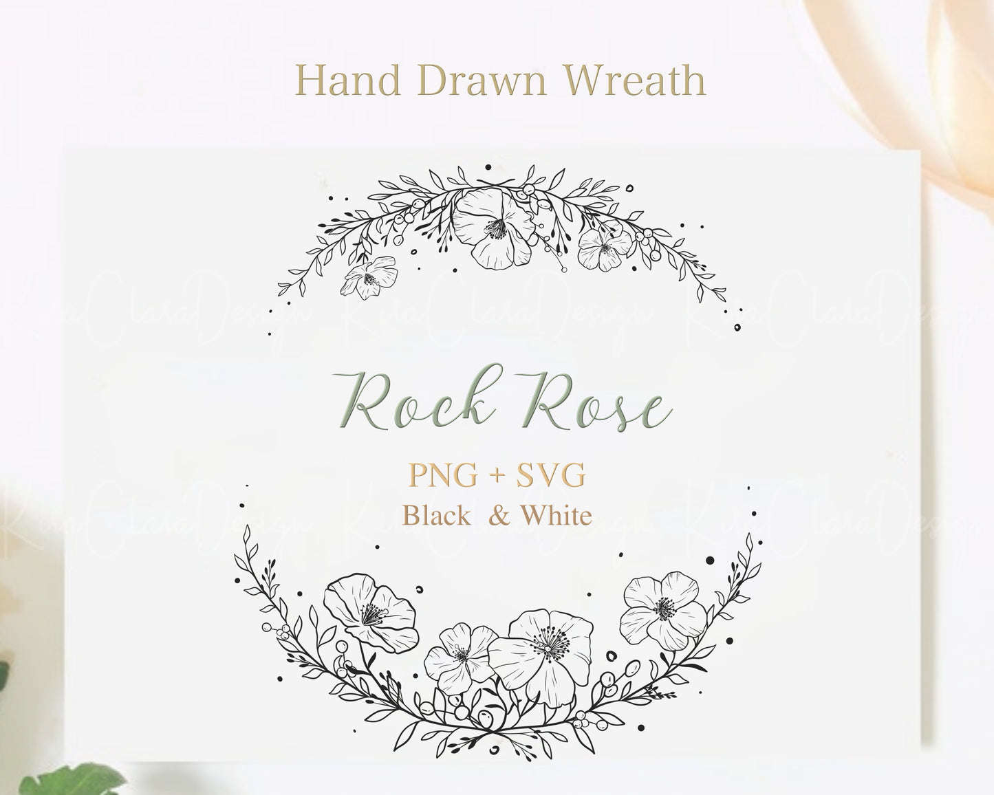 Rock Rose Flower Wreath Clipart Black & White