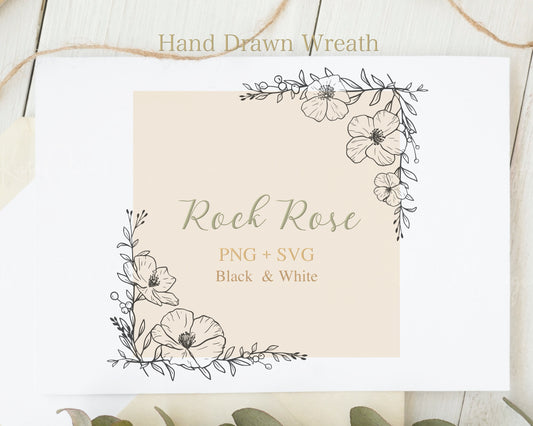 Rock Rose Flower Square Border Frame Clipart Black & White