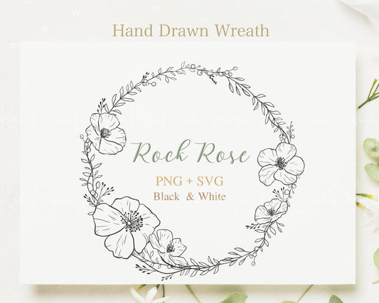 Rock Rose Flower Wreath Clipart Black & White