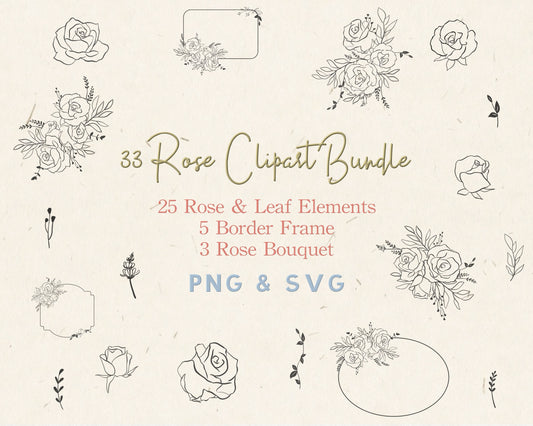 33 Rose Clipart Bundle/ 25 Elements 5 Wreath 3 Bouquet