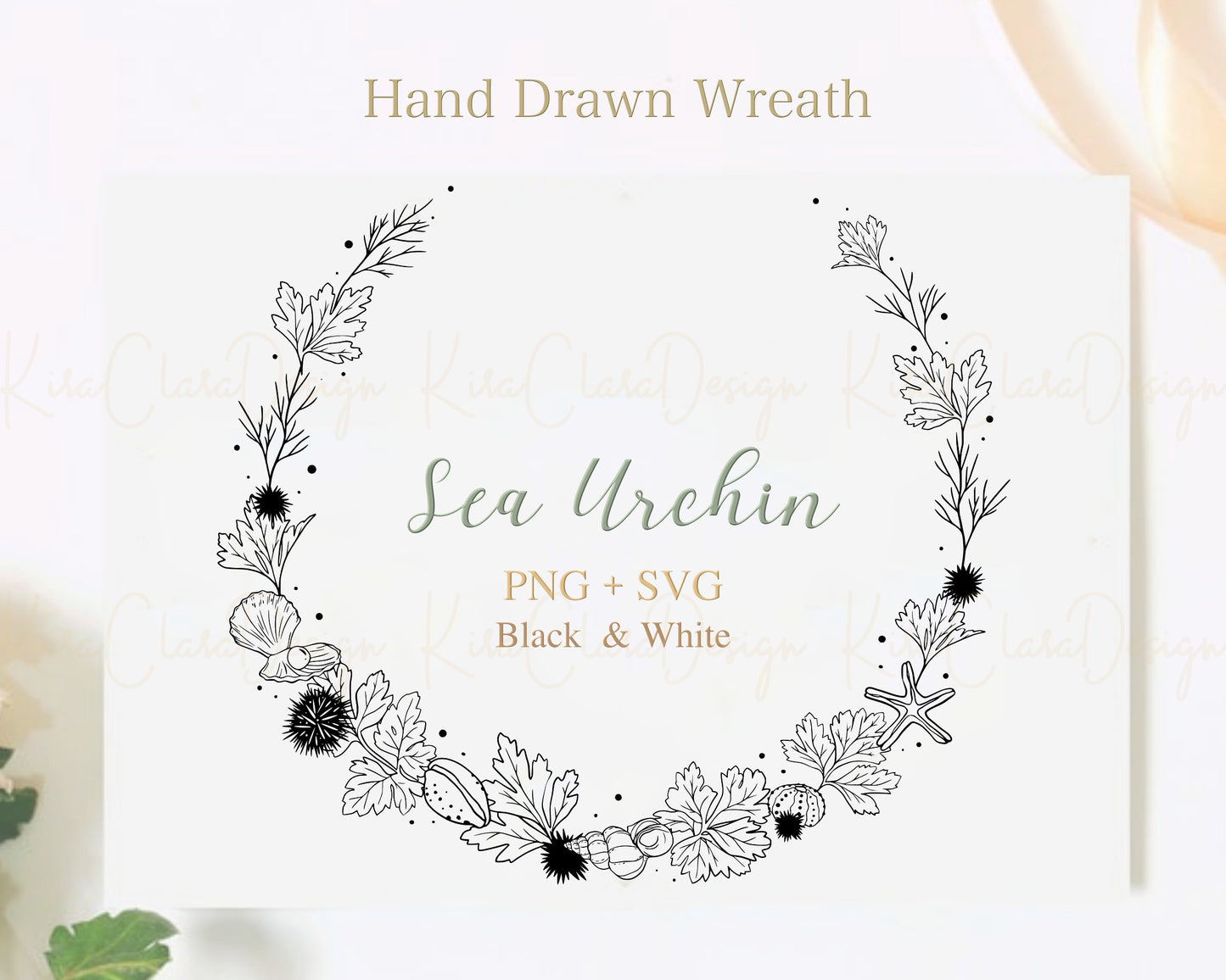 Sea Urchin Wreath Clipart / Black & White