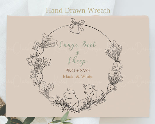 Sugar Beet and Sheep Wreath Clipart/ Black & White