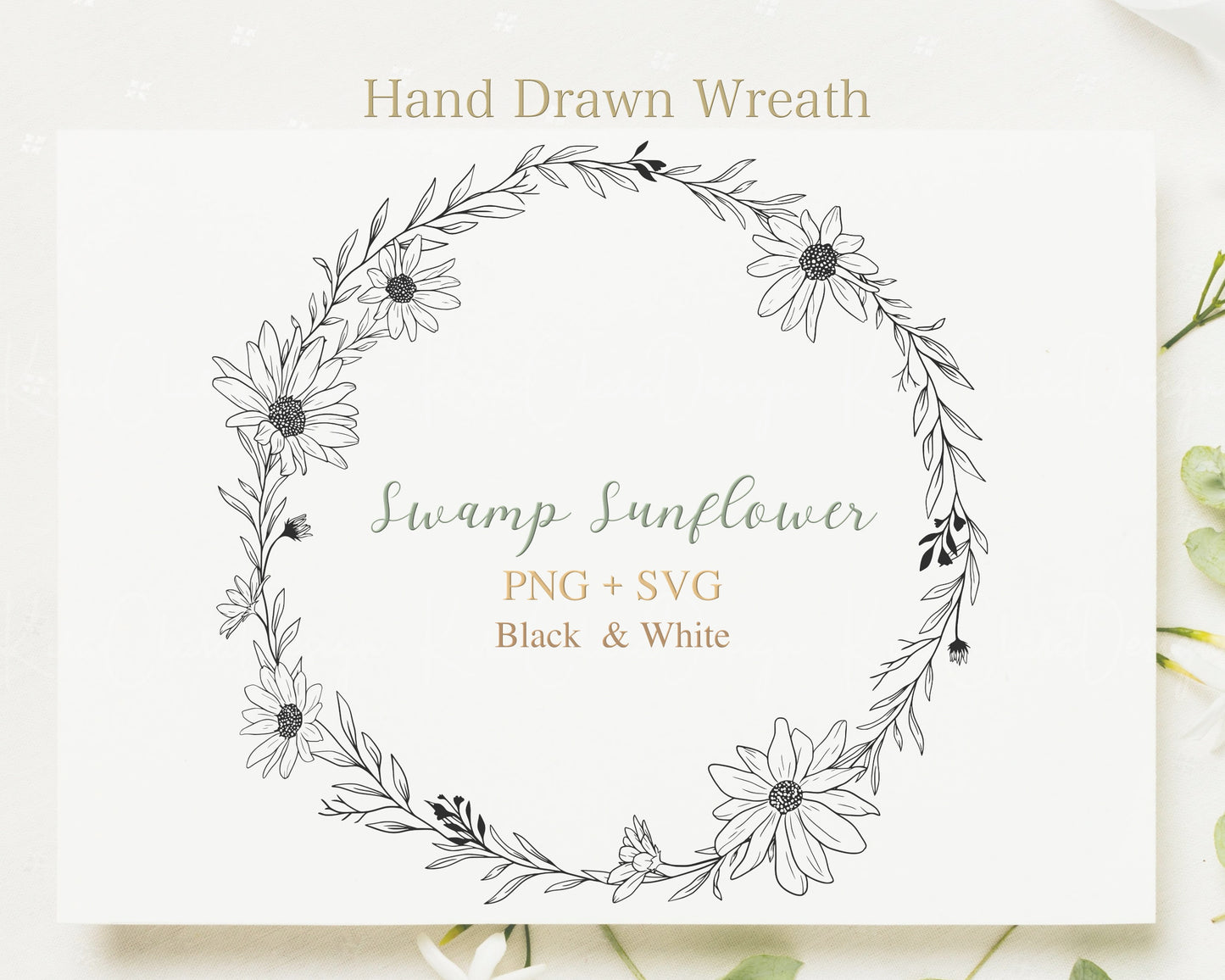 Swamp Sunflower Wreath Clipart Black & White