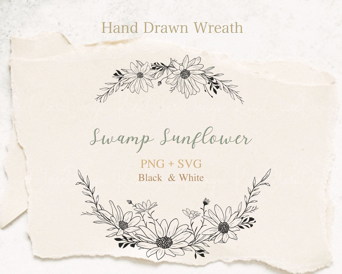 Swamp Sunflower Half Wreath Clipart Black & White