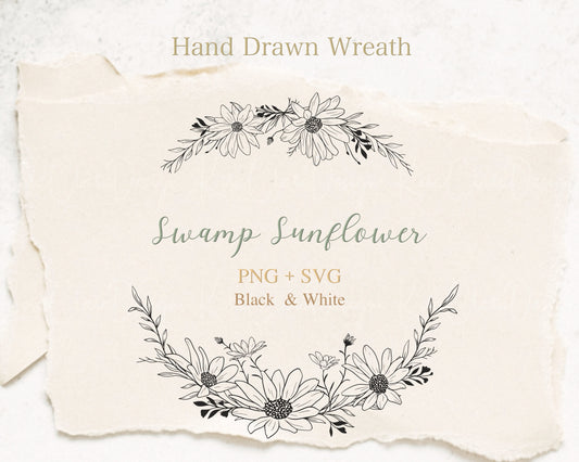 Swamp Sunflower Half Wreath Clipart Black & White