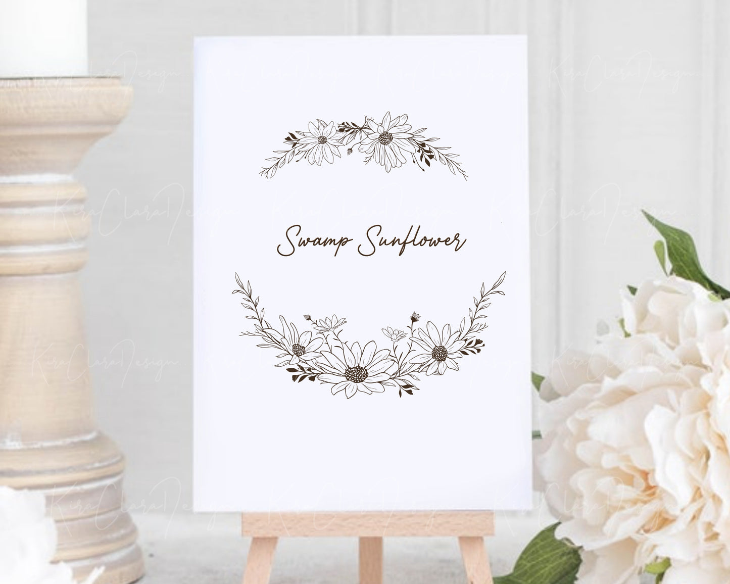 Swamp Sunflower Half Wreath Clipart Black & White